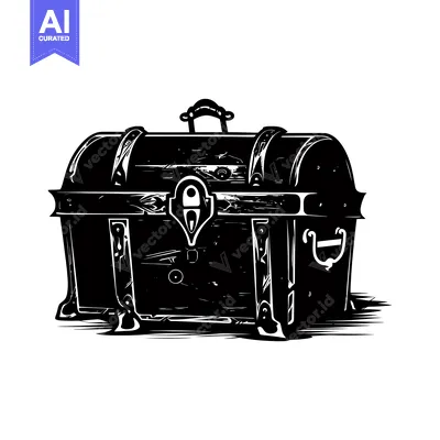 Aset desain premium: Black and White Illustration of a Closed Wooden Chest with a Metal Han