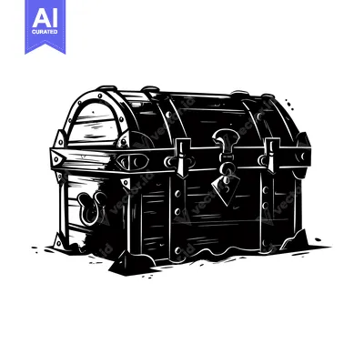 Aset desain premium: Black and White Illustration of a Wooden Treasure Chest