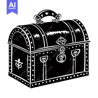 Aset desain premium: A Black and White Illustration of a Wooden Treasure Chest