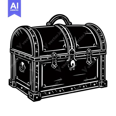 Aset desain premium: Black and White Illustration of a Closed Wooden Chest with Metal Accen