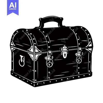 Aset desain premium: Black and White Illustration of a Closed Wooden Chest with Metal Hardw