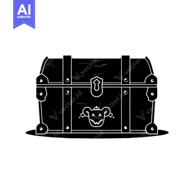 Aset desain premium: Black Silhouette of a Wooden Treasure Chest with a Ram's Head Design