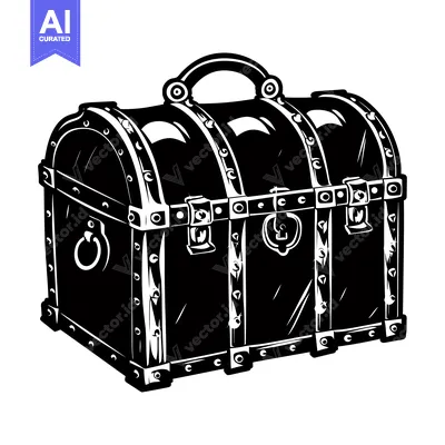 A Black and White Illustration of a Closed Wooden Treasure Chest
