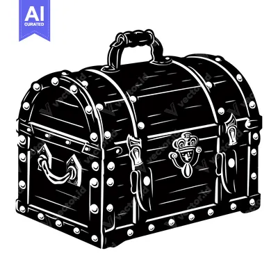 Aset premium populer: Black and White Illustration of a Closed Wooden Chest with Metal Accen