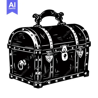 Aset desain premium: Black and White Illustration of a Closed Wooden Chest with a Lock
