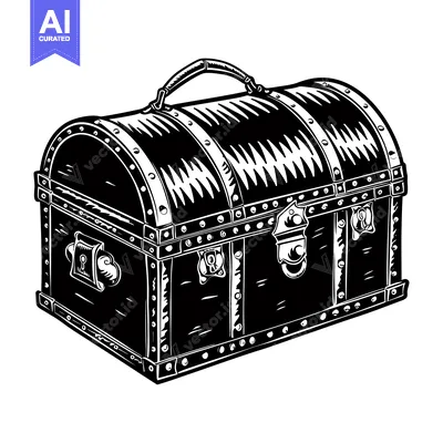 Aset desain premium: A Black and White Illustration of a Closed Wooden Chest With Metal Acc