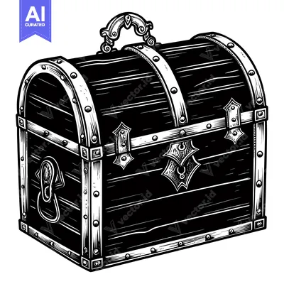 Aset premium populer: A Black and White Illustration of a Closed Wooden Treasure Chest