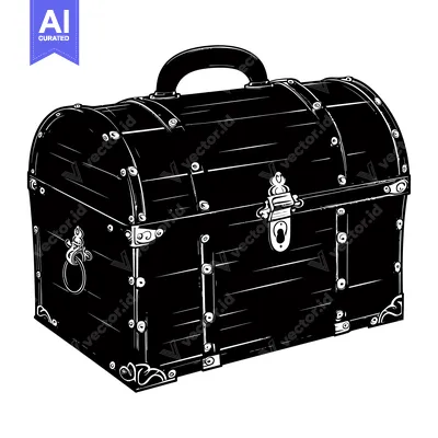 Black and White Illustration of a Wooden Chest with Metal Accents