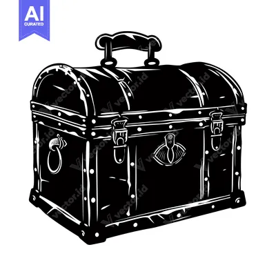 Aset desain premium: Black and White Illustration of a Wooden Chest with Metal Hardware