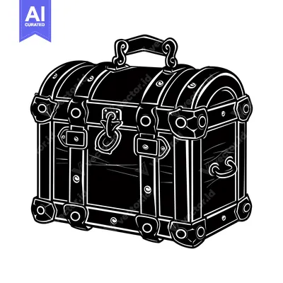 Popular premium asset: Black and White Illustration of a Wooden Chest with Ornate Metal Hardw
