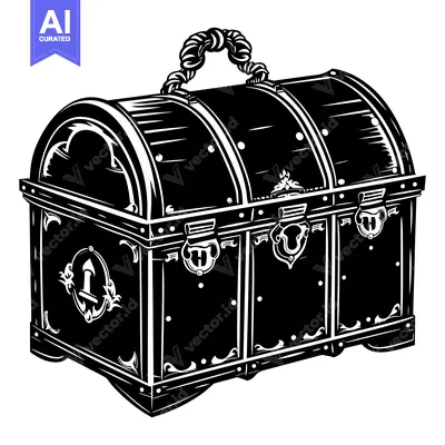 Premium design asset: A Black and White Illustration of a Wooden Treasure Chest with a Rope