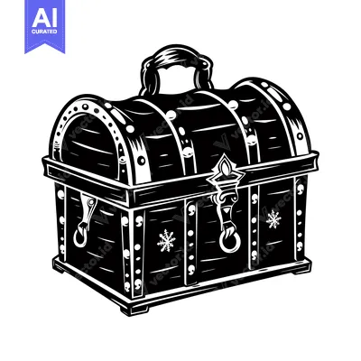Aset desain premium: A Black and White Illustration of an Ornate Wooden Chest
