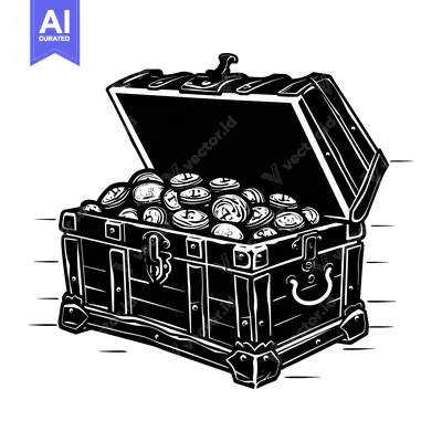 Aset desain premium: A Black and White Illustration of a Treasure Chest Full of Coins