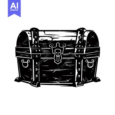 Aset desain premium: Black and White Illustration of a Closed Wooden Chest with Metal Hardw