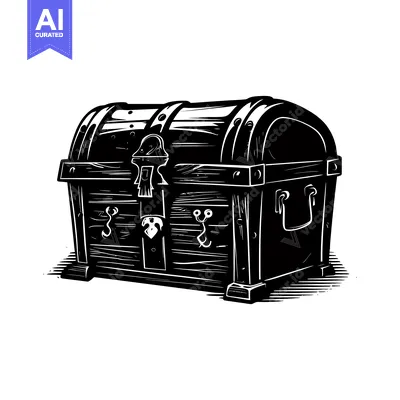 Aset desain premium: Black and White Illustration of a Wooden Chest with a Lock and Hinges