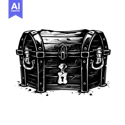Aset desain premium: A Black and White Illustration of a Wooden Treasure Chest with Metal A