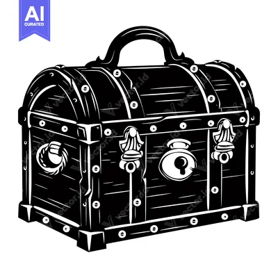 Black and White Illustration of a Closed Wooden Chest with Metal Hardw