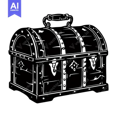 Aset premium populer: Black and White Silhouette Illustration of a Wooden Chest with Metal A