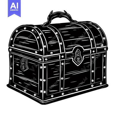 A Black and White Illustration of a Closed Wooden Chest with Metal Acc