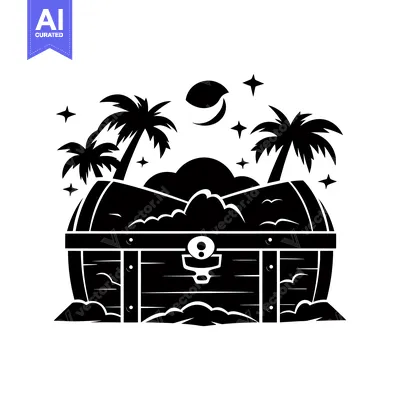 Aset desain premium: Treasure Chest Under Palm Trees at Night