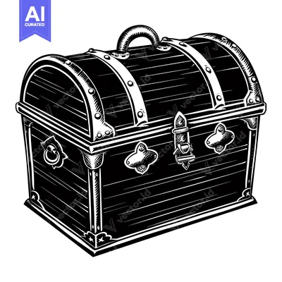 Aset desain premium: Black and White Illustration of a Wooden Treasure Chest with Metal Acc