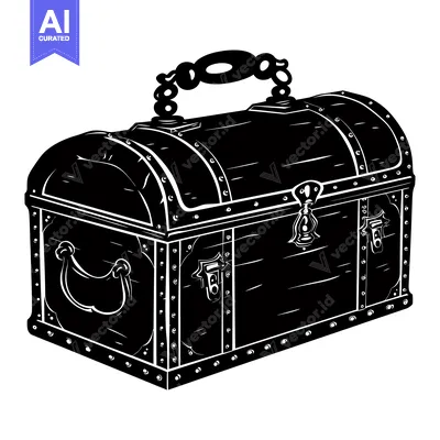 Aset desain premium: Black and White Illustration of a Wooden Chest with Metal Accents
