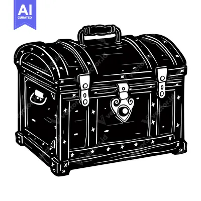 Aset premium populer: A Black and White Illustration of a Wooden Treasure Chest with a Star