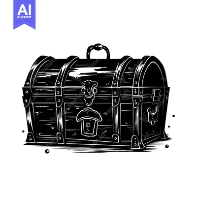 Black and White Illustration of a Closed Wooden Treasure Chest
