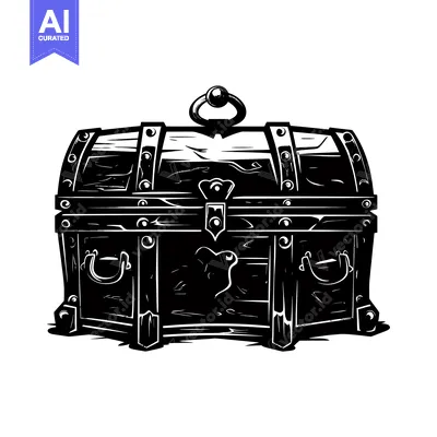 Premium design asset: A Black and White Illustration of a Wooden Treasure Chest