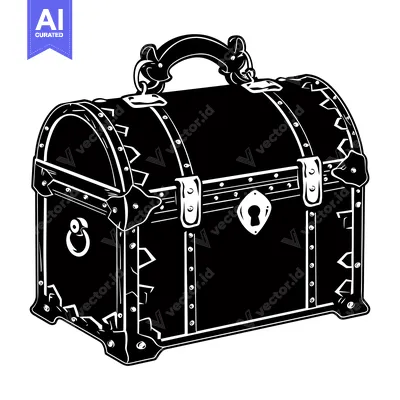 Aset desain premium: Black and White Illustration of a Closed Wooden Chest with Metal Accen