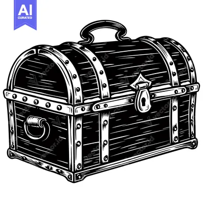 Aset desain premium: A vintage wooden chest with metal accents, featuring a hinged lid, loc