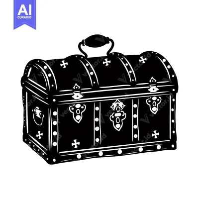 Aset desain premium: Black and White Illustration of a Closed Wooden Chest with Ornate Deta