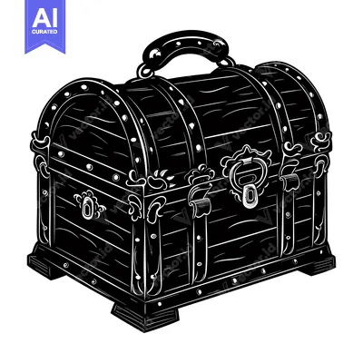 Aset desain premium: A Black and White Illustration of a Closed Wooden Treasure Chest