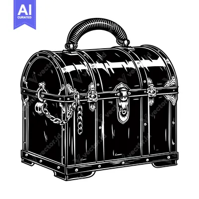 Aset desain premium: Vintage Wooden Chest with Metal Clasps and Chain