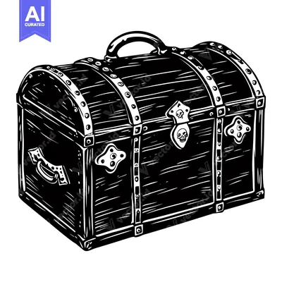 Black and White Illustration of a Wooden Chest with a Skull Lock