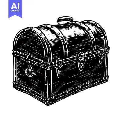 Aset desain premium: A black and white illustration of a closed wooden treasure chest with