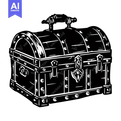 Aset premium populer: A Black and White Illustration of a Closed Wooden Chest with a Metal C