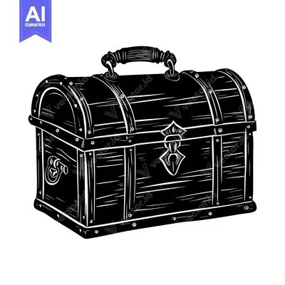 Premium design asset: Black and White Illustration of a Wooden Chest with a Handle and a Met