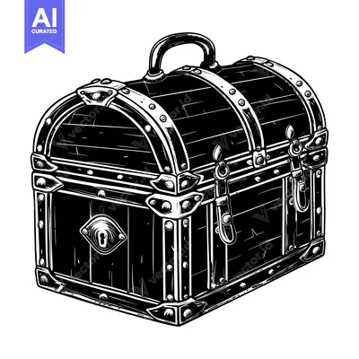 Aset premium populer: Black and White Illustration of a Closed Wooden Chest with Metal Hardw