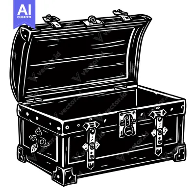 Premium design asset: Open Wooden Treasure Chest with Metal Clasps and Hinges
