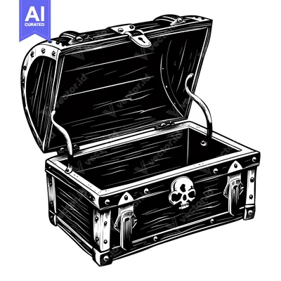 Aset desain premium: Open Wooden Treasure Chest with Skull Detail
