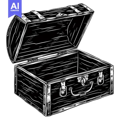 Open Wooden Chest with Metal Accents and Hinges