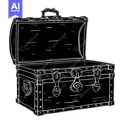 A Black and White Illustration of an Open Wooden Chest with Metal Hard