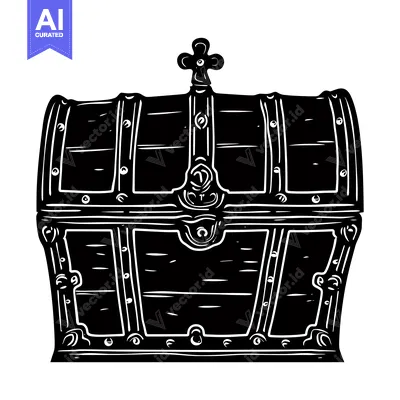 Black and White Illustration of a Closed Wooden Chest with Ornate Deta