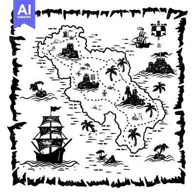Aset premium populer: A Black and White Hand-Drawn Treasure Map with Islands and Ships