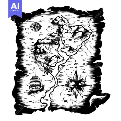 Popular premium asset: An Illustrated Black and White Treasure Map with Mountains, Palms, and