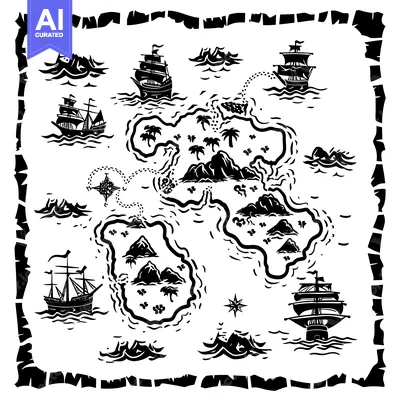 Black and White Treasure Map with Ships and Islands