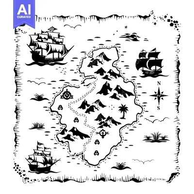 Popular premium asset: Black and White Treasure Map with Ships and Island