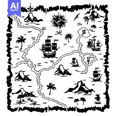 Black and White Treasure Map with Ships and Islands