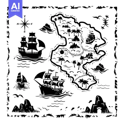 Popular premium asset: Black and White Illustration of a Treasure Map with Ships and Islands